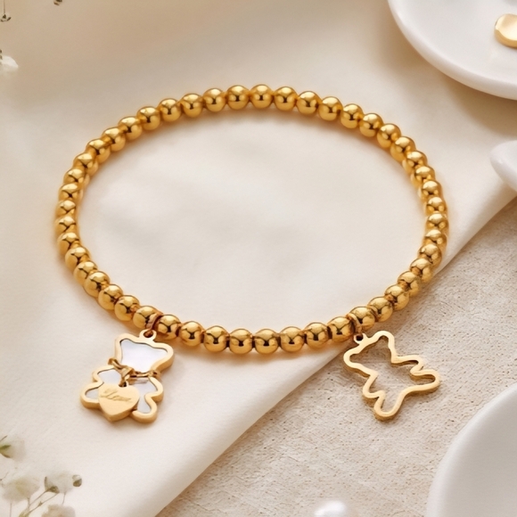 Whimsical 18K Gold Plated Stainless Steel Bear Charm Beaded Dainty Bracelet - Picture 12 of 12